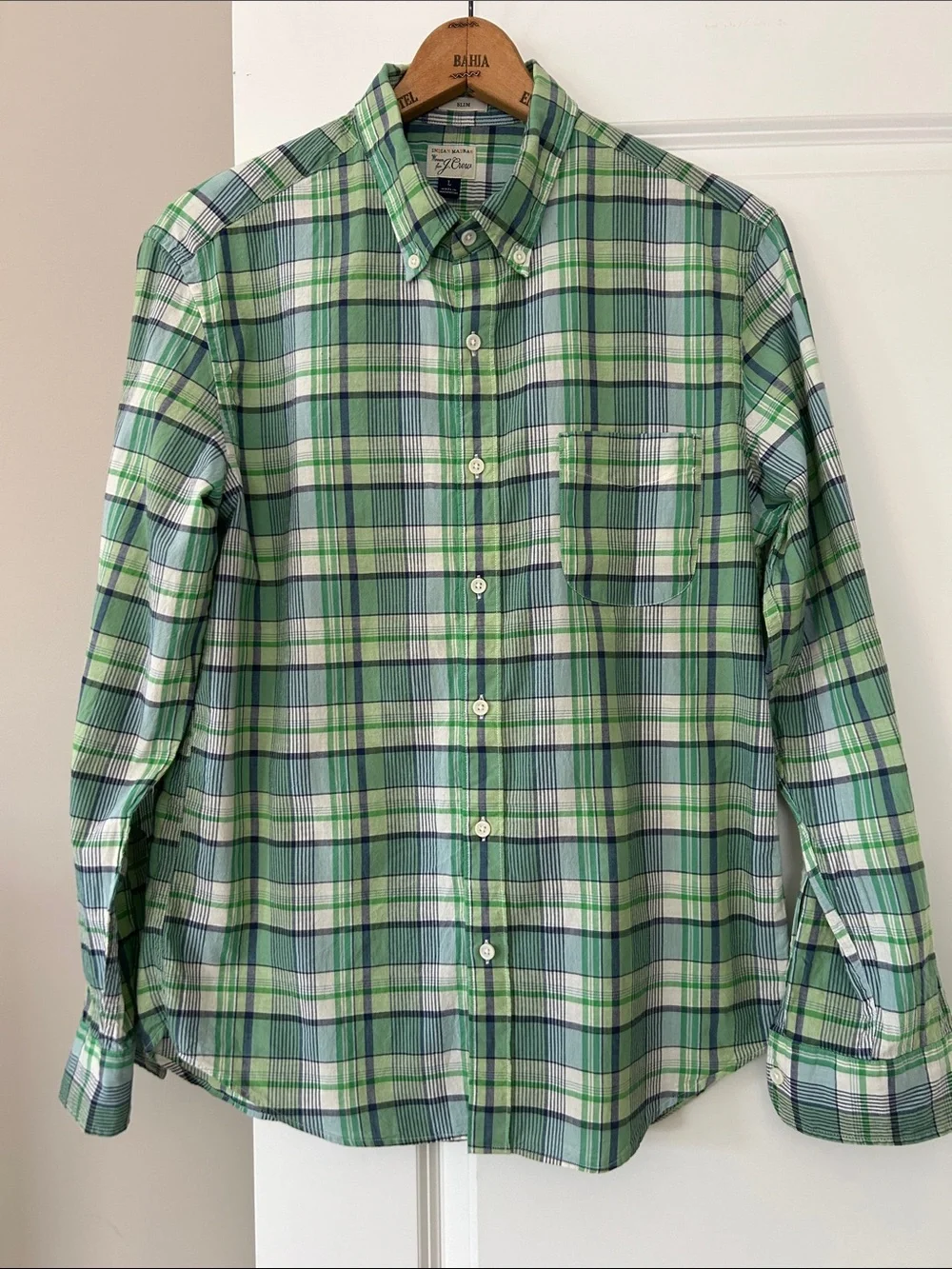J Crew Indian Madras Shirt Sz L w MEASUREMENTS Kelly Green Plaid, Slim
